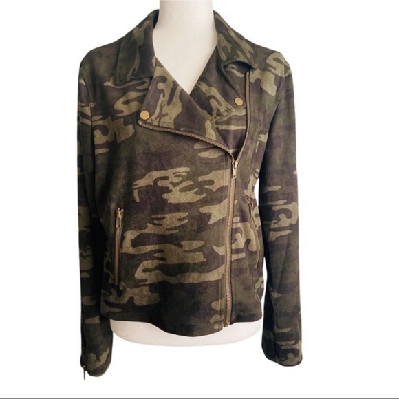Sanctuary Faux Suede Camo Moto Jacket Full Zip Pockets Green Black Soft and Cozy - Picture 1 of 10